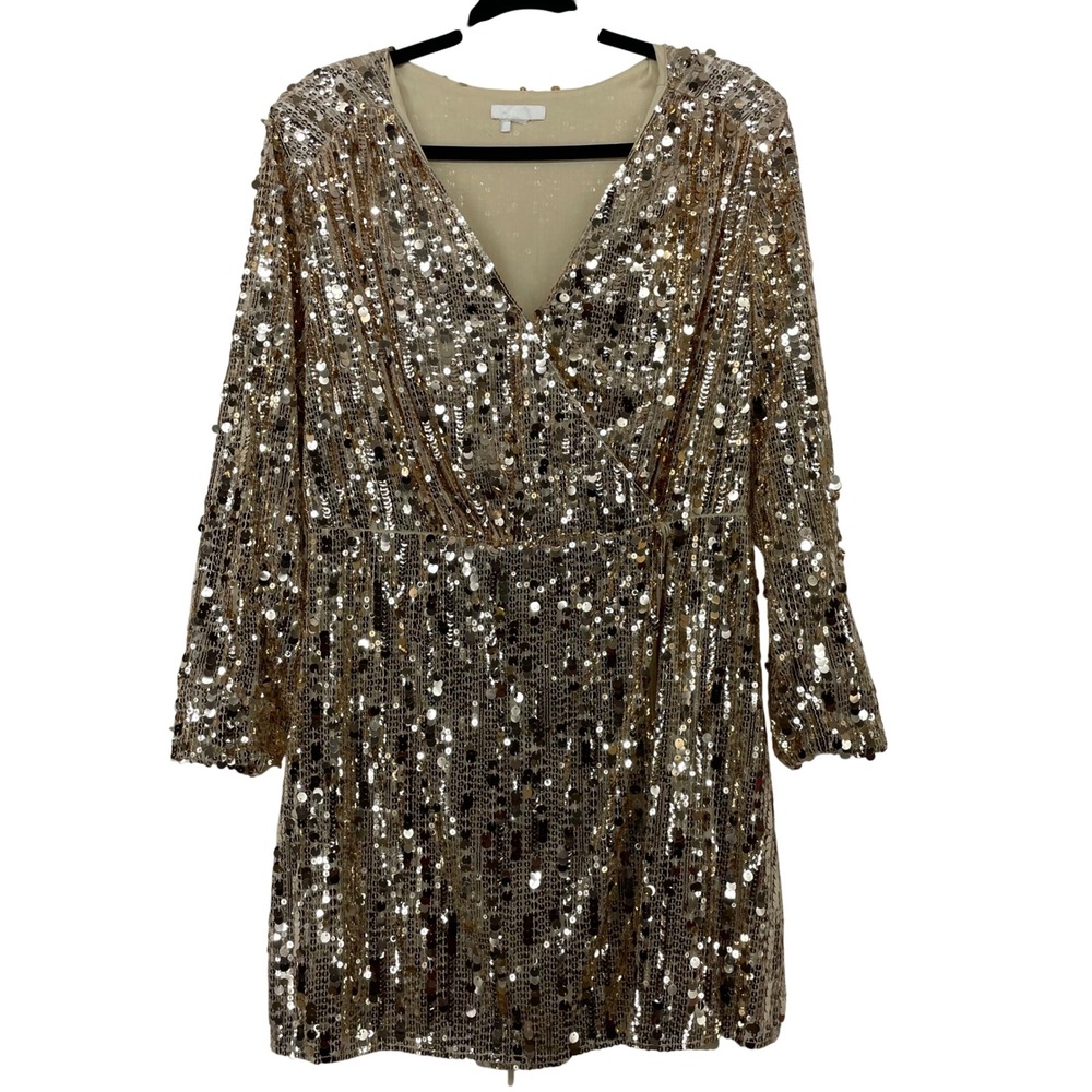 H&M Size Large Wrap Dress Gold Sequin Long Sleeve Mini Party Women Glam NYE